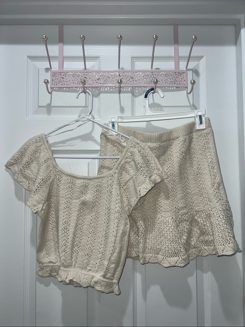 Cream Knit Short Sleeve Top Skirt Set - Women